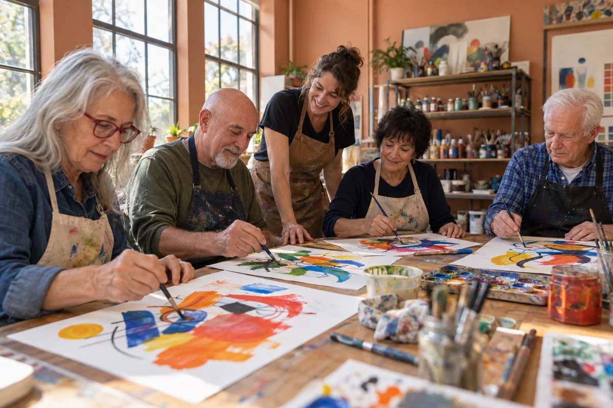 Older adults creating abstract compositions with colors, shapes and brush marks