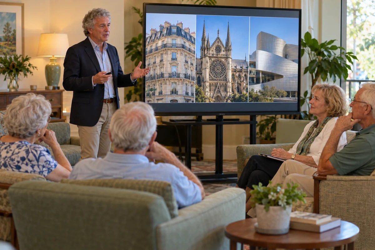 An illustrative educator exploring architecture with older adults