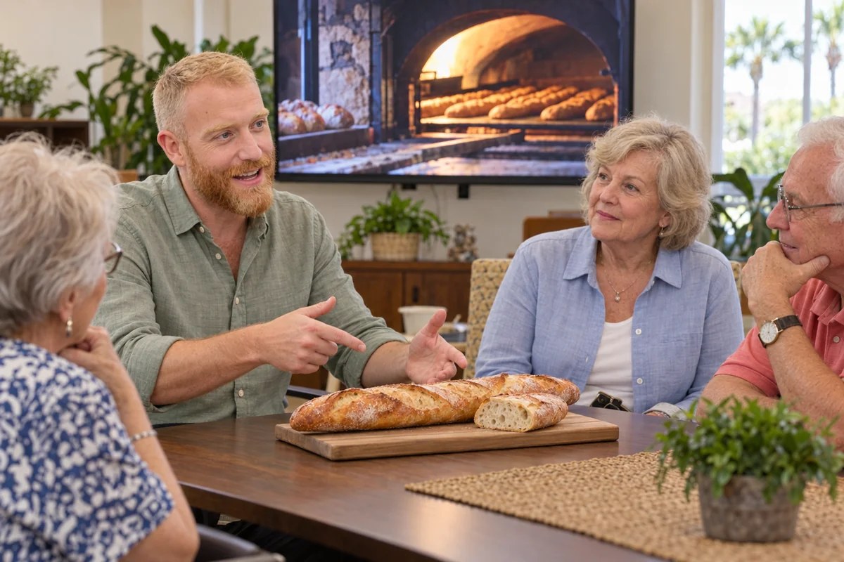 Raphaël explaining French baguette traditions during a cultural talk