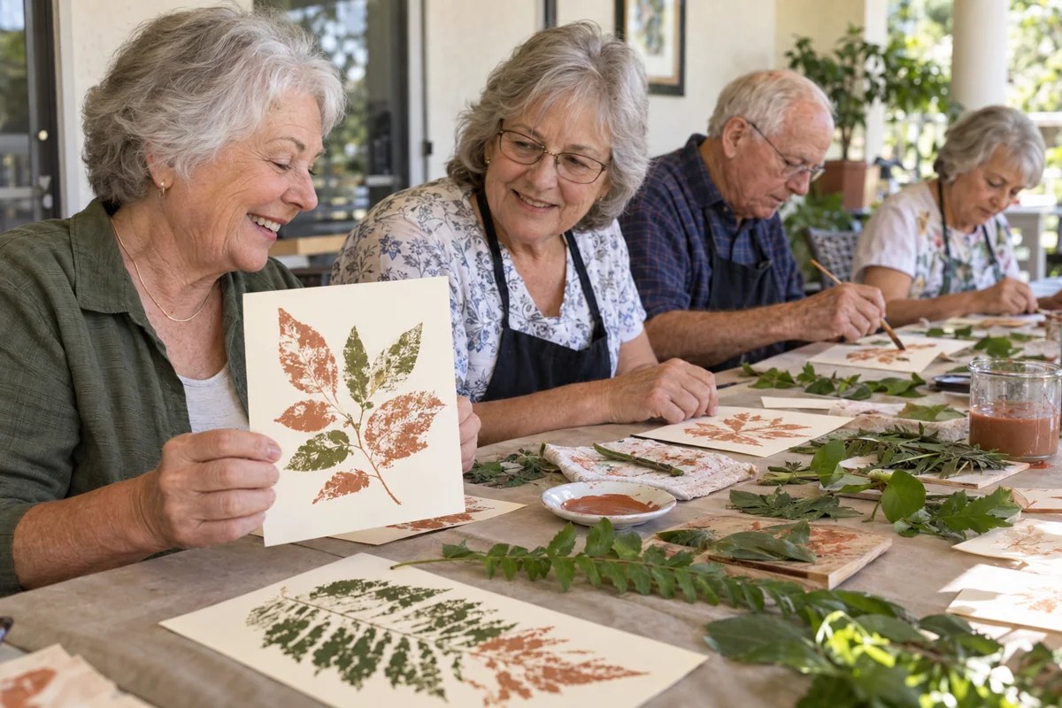 Friends creating botanical leaf prints on paper