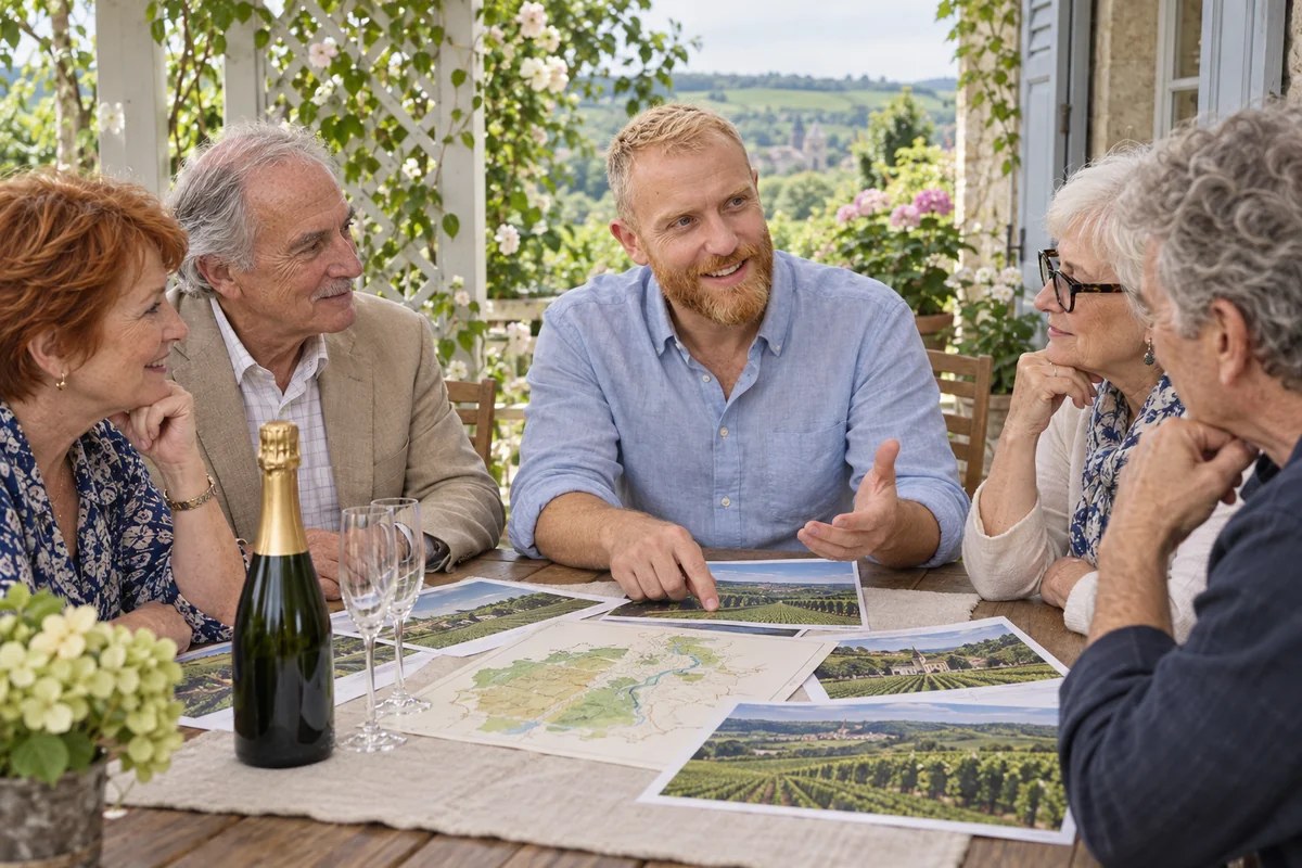 Raphaël sharing vineyard photographs during a Champagne region wine-culture workshop on a shaded veranda