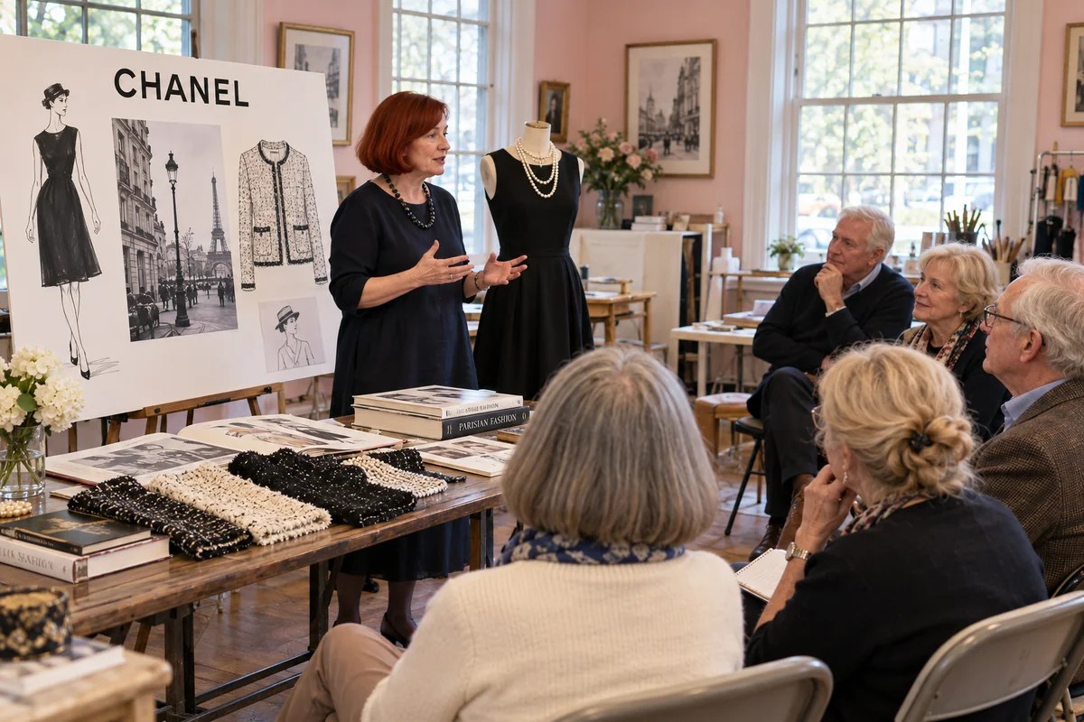 An illustrative fashion-history lecturer discussing Chanel, tweed and Parisian style