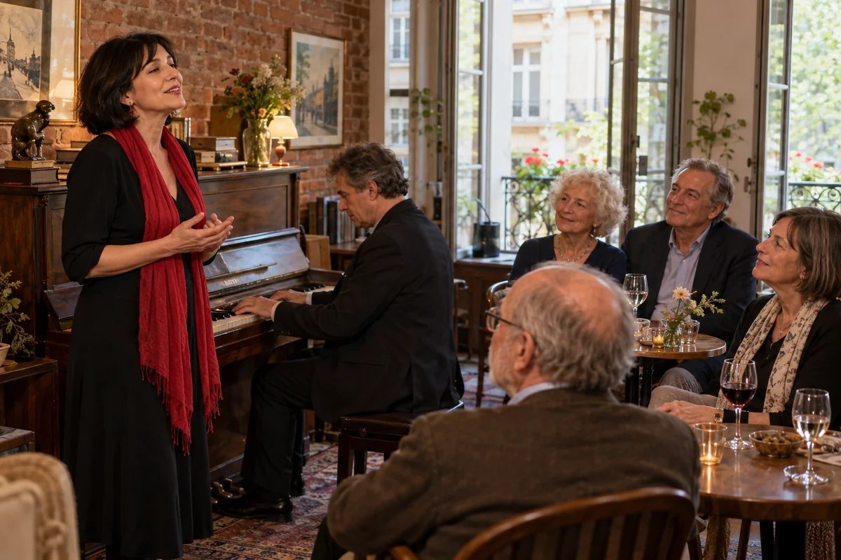 An illustrative singer and pianist sharing French chansons in an intimate community music room