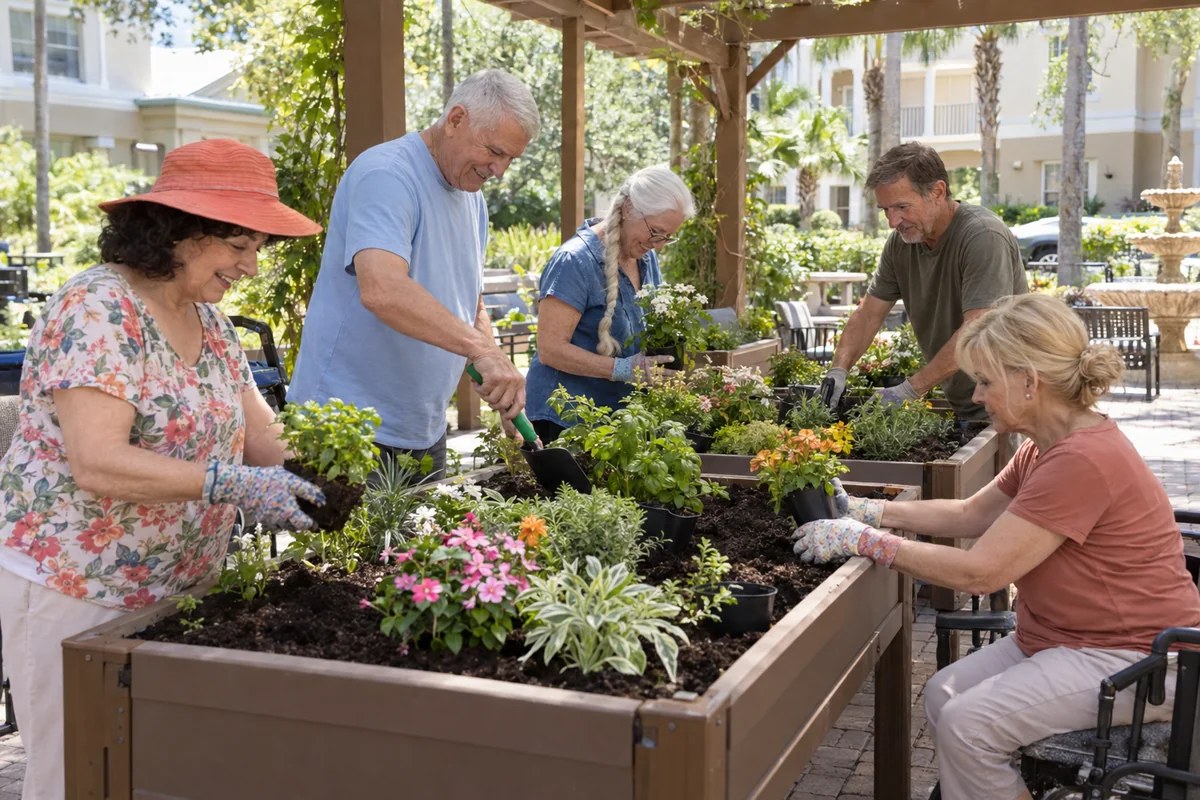 Older adults planting an accessible shared outdoor garden with a facilitator