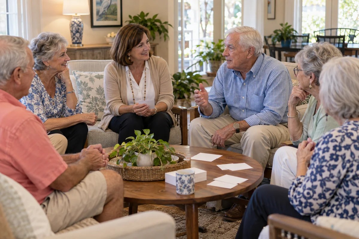 An illustrative facilitator guiding a friendly social conversation circle