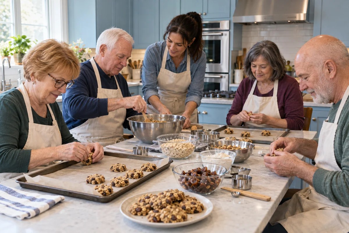 Older adults mixing and shaping date and oat cookies in a bright community teaching kitchen
