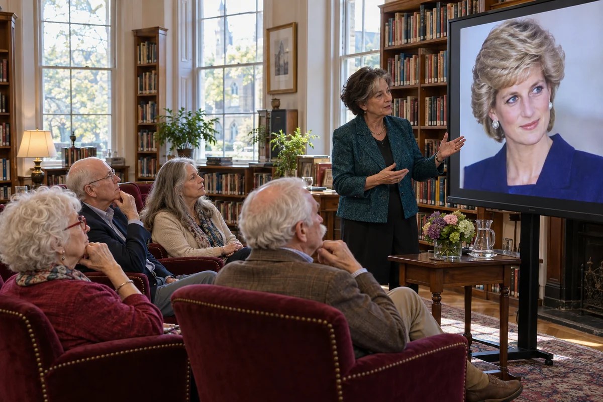 An illustrative guest lecturer sharing the life story of Princess Diana in a community library