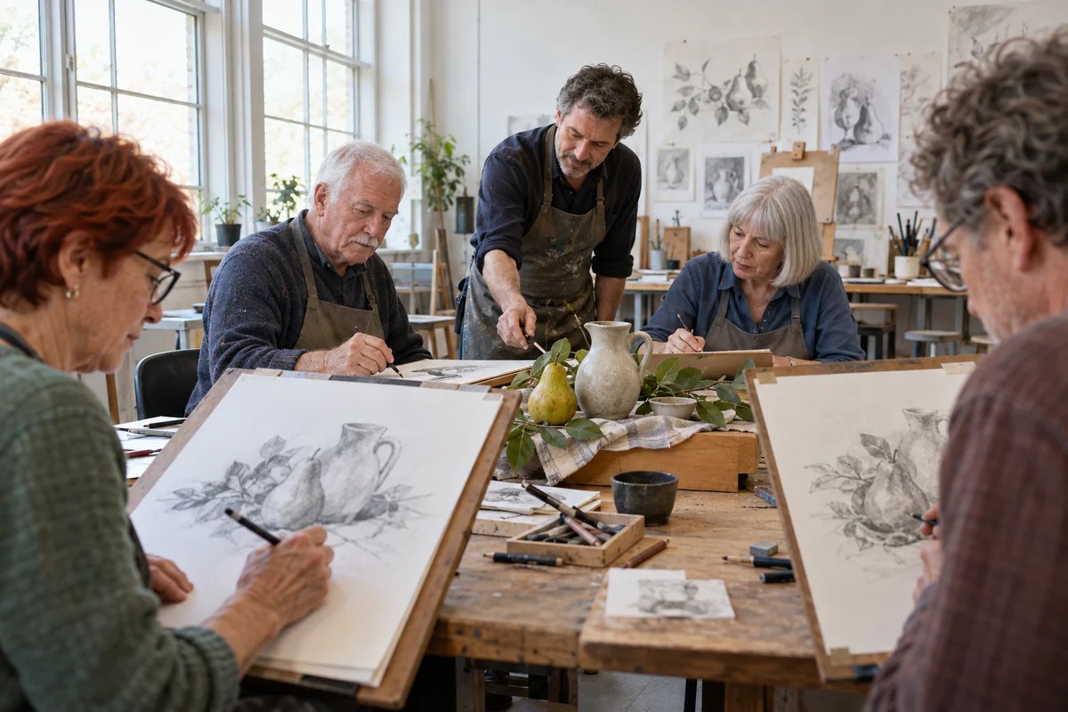 Older adults exploring pencil drawing in a bright art studio