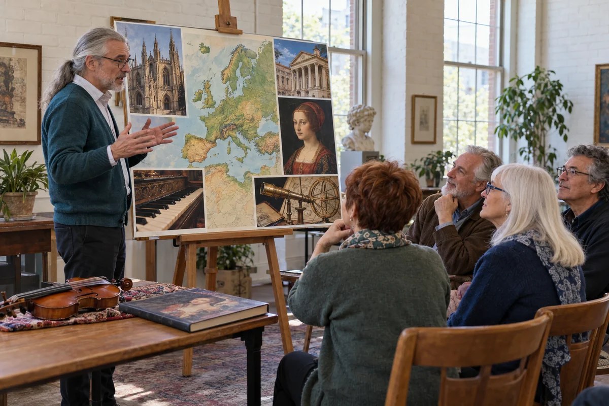 An illustrative guest lecturer exploring Western European art, ideas and culture with older adults