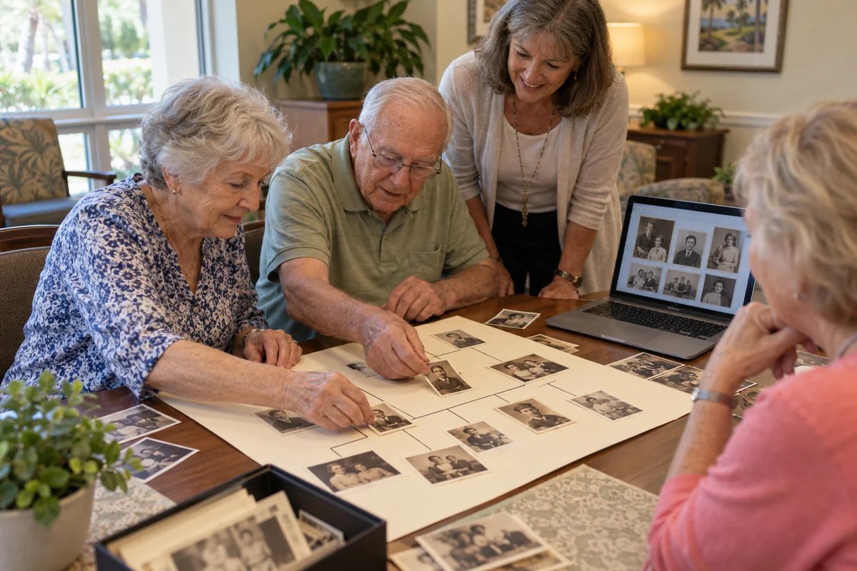 Older adults creating a printed family tree with an optional family website
