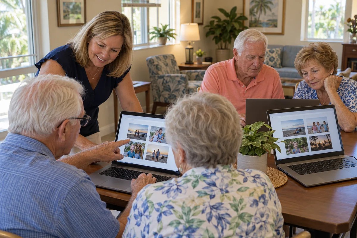 Older adults creating a family photo website with an illustrative technology facilitator