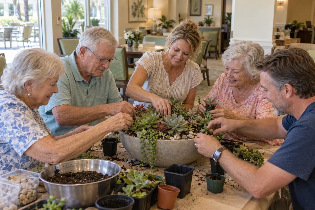 Older adults and adult relatives creating a shared succulent planter