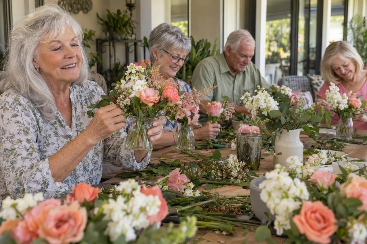 Friends arranging colorful fresh flowers together