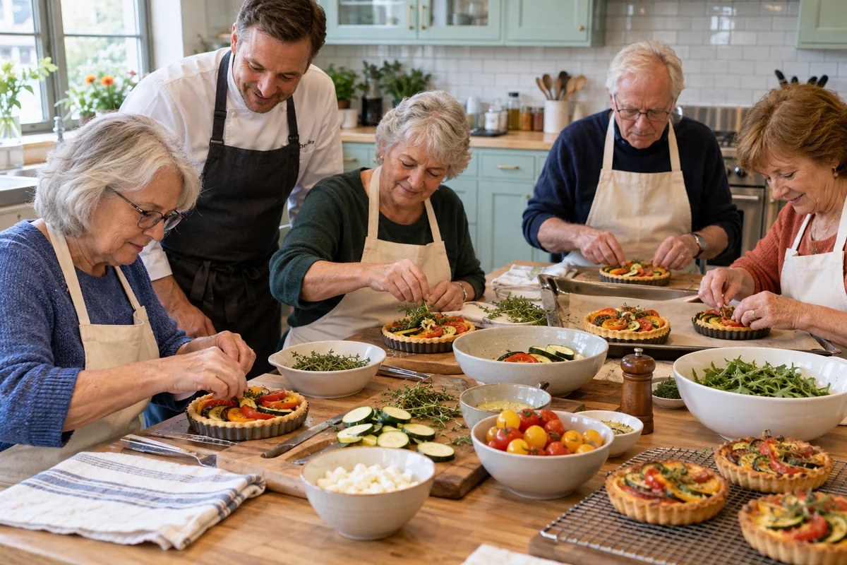 Older adults preparing individual French-inspired vegetable tarts with an illustrative culinary facilitator