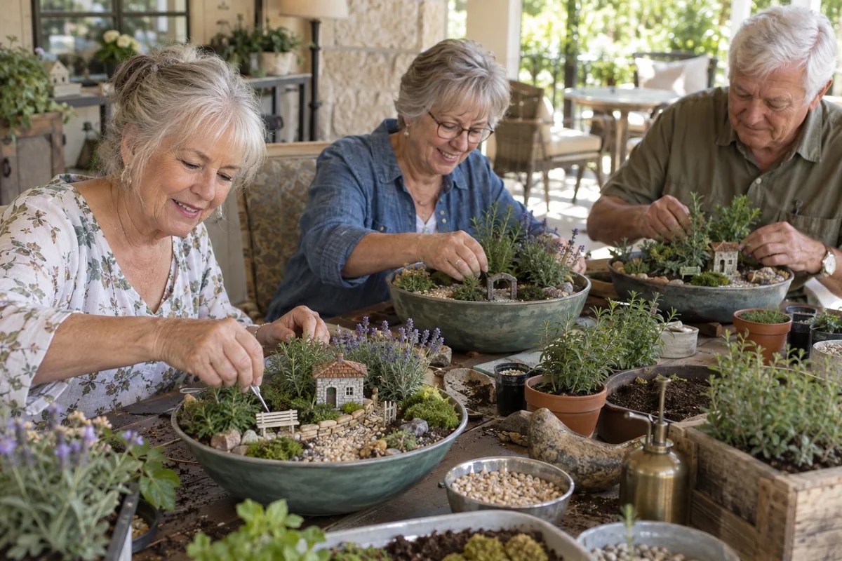 Older adults creating miniature French inspired gardens