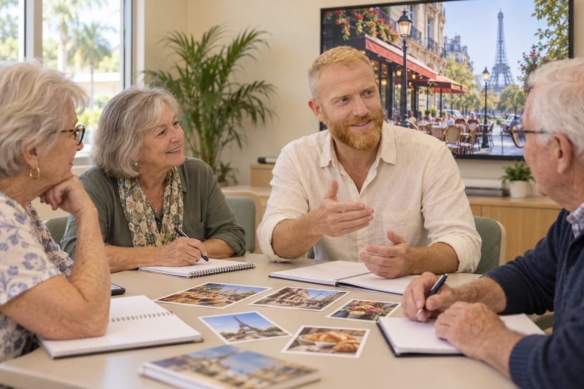 Raphaël leading a relaxed beginner French conversation class for older adults