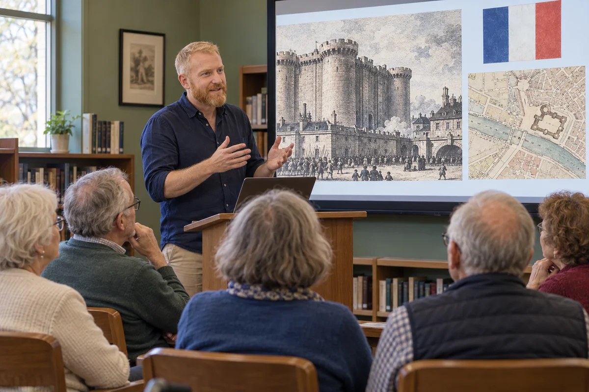 Raphaël presenting an illustrated history talk about the French Revolution with a Bastille image
