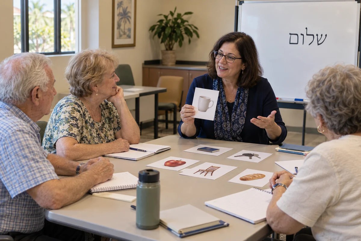 An illustrative female facilitator leading a beginner Hebrew conversation class with older adults