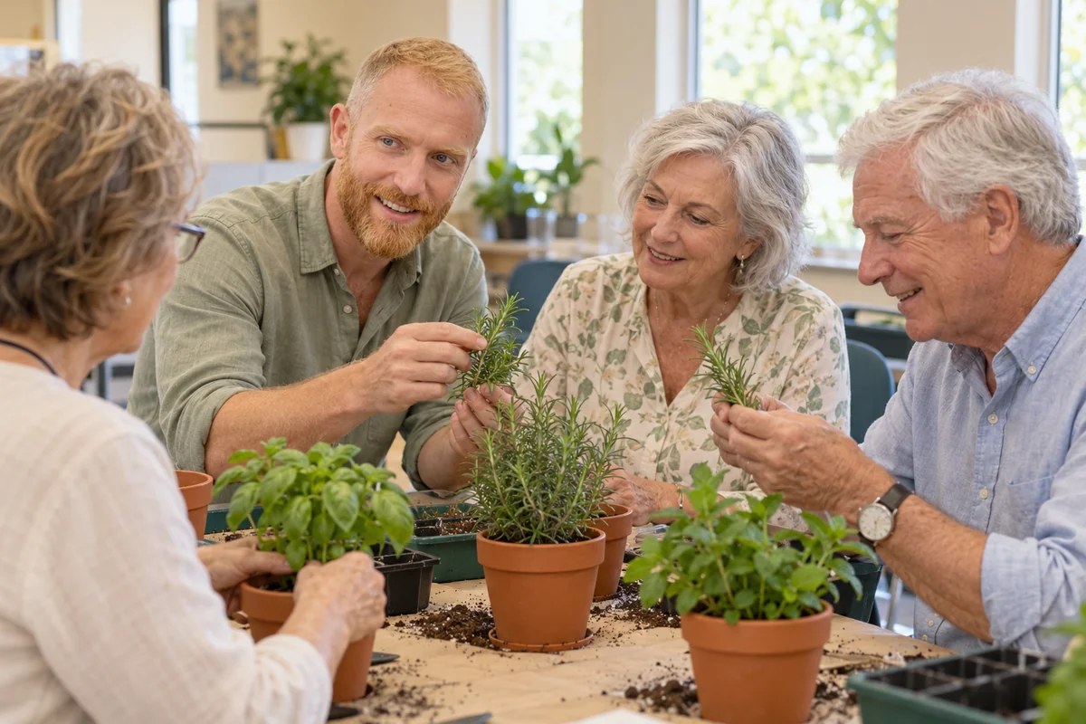 Friends discovering and planting aromatic herbs