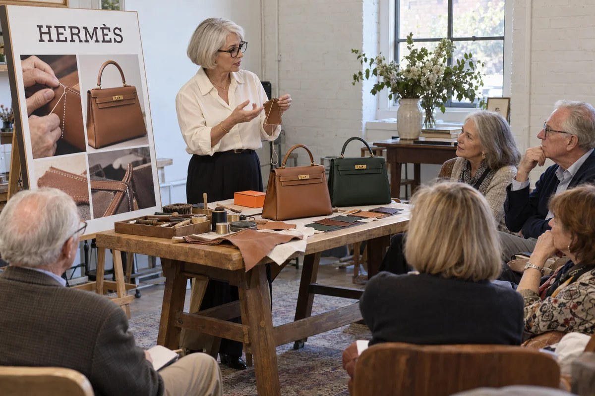 An illustrative fashion-history speaker discussing luxury handbags and leather craftsmanship