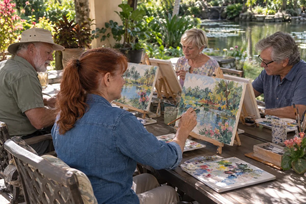 Older adults painting loose impressionist garden landscapes on a shaded terrace