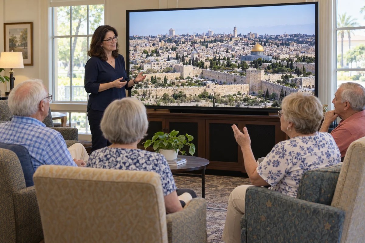 An illustrative facilitator presenting an illustrated cultural talk about Jerusalem