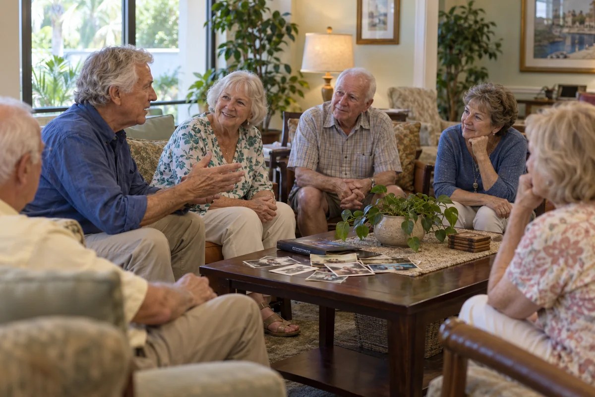 An illustrative guest storyteller sharing life memories with a group of older adults