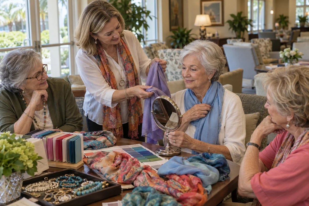 Older adults exploring personal style, colors and scarves with an illustrative stylist