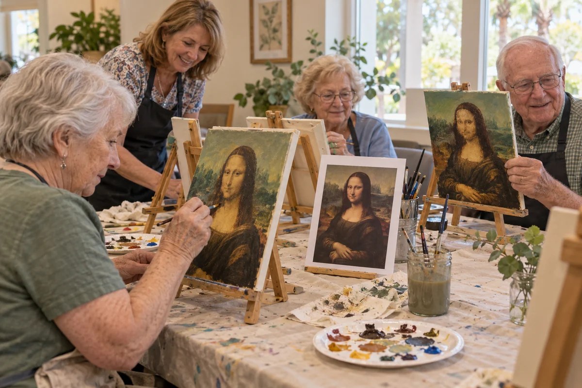 Older adults painting their own copies of the Mona Lisa in a guided workshop