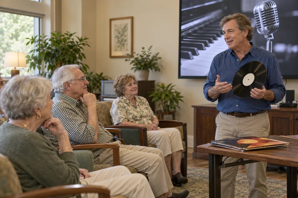 An illustrative music educator sharing stories about music with older adults
