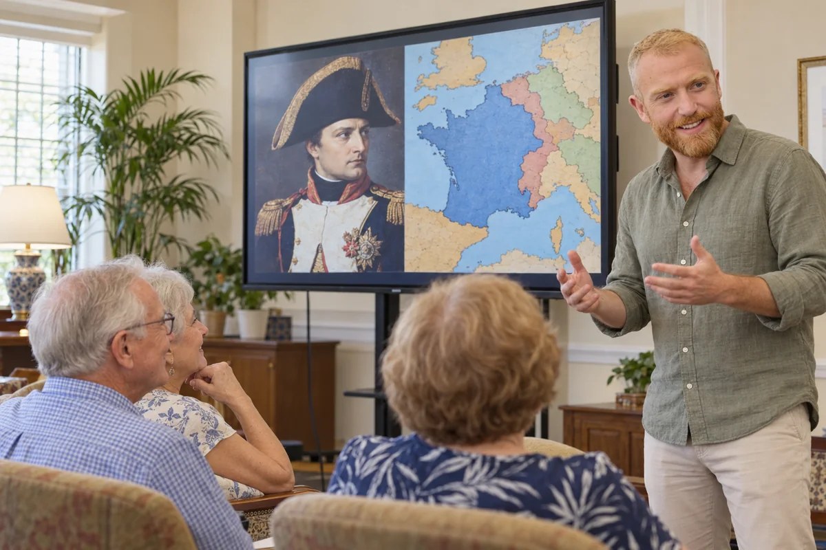 Raphaël presenting an illustrated cultural talk about Napoleon to older adults