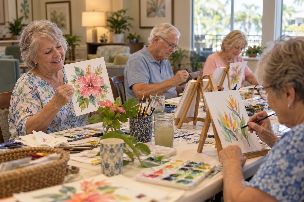 Adults sharing a relaxed botanical painting workshop