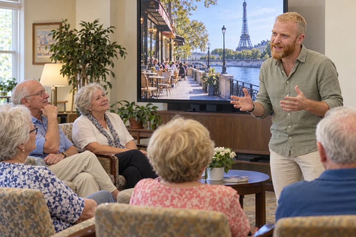 Raphaël sharing stories of Paris with an engaged group of older adults