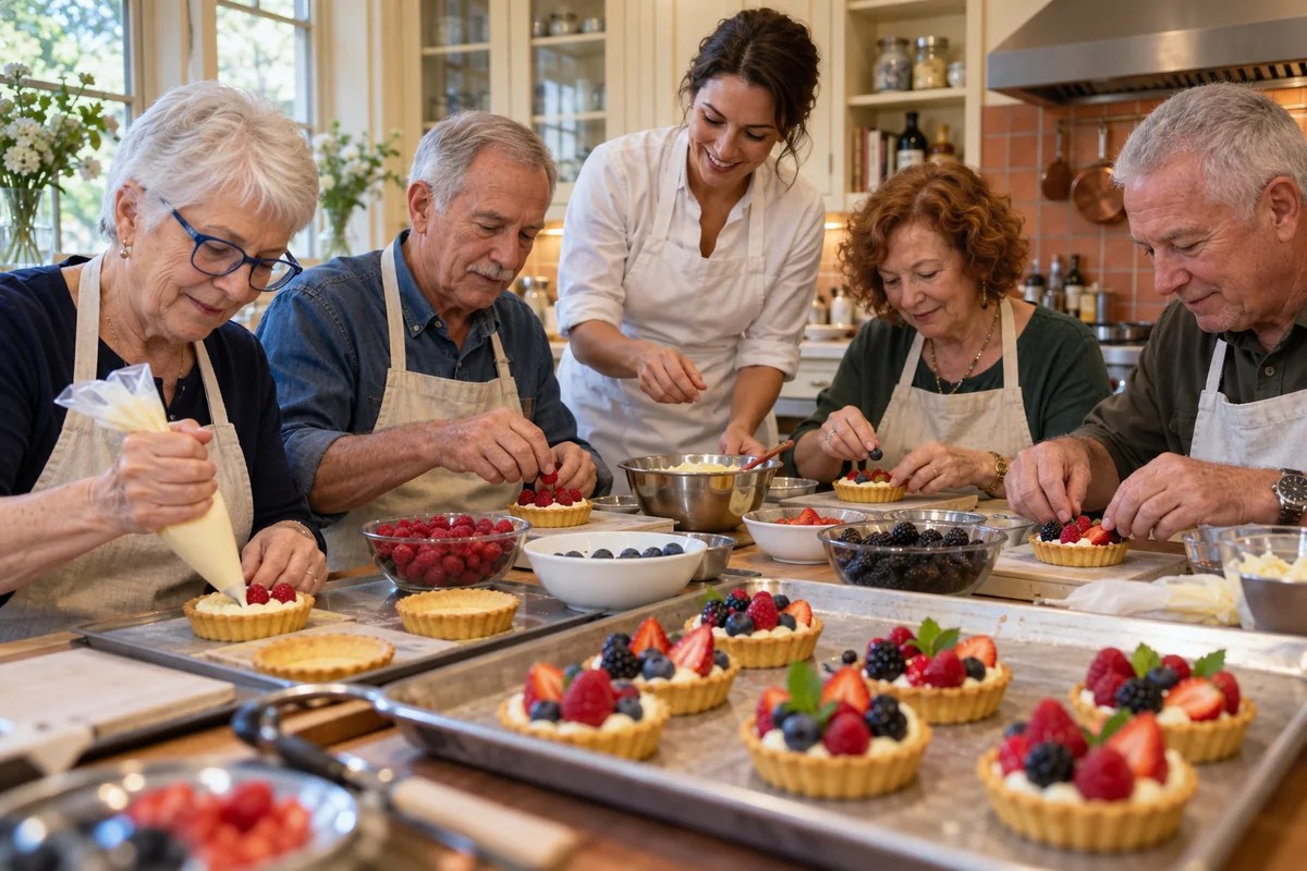 Older adults assembling and decorating personal French fruit tartlets with an illustrative pastry facilitator