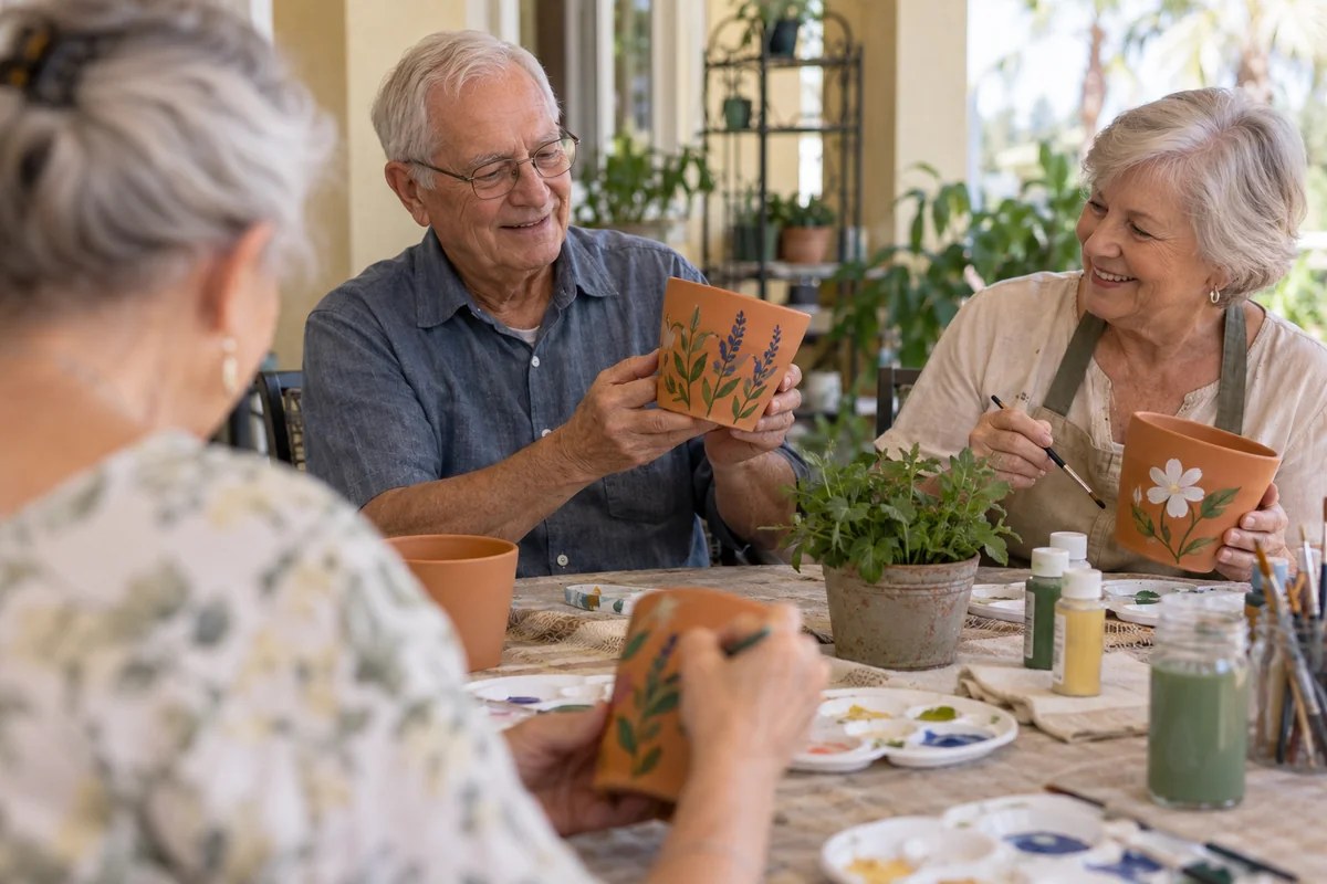 Adults painting personal designs on small plant pots