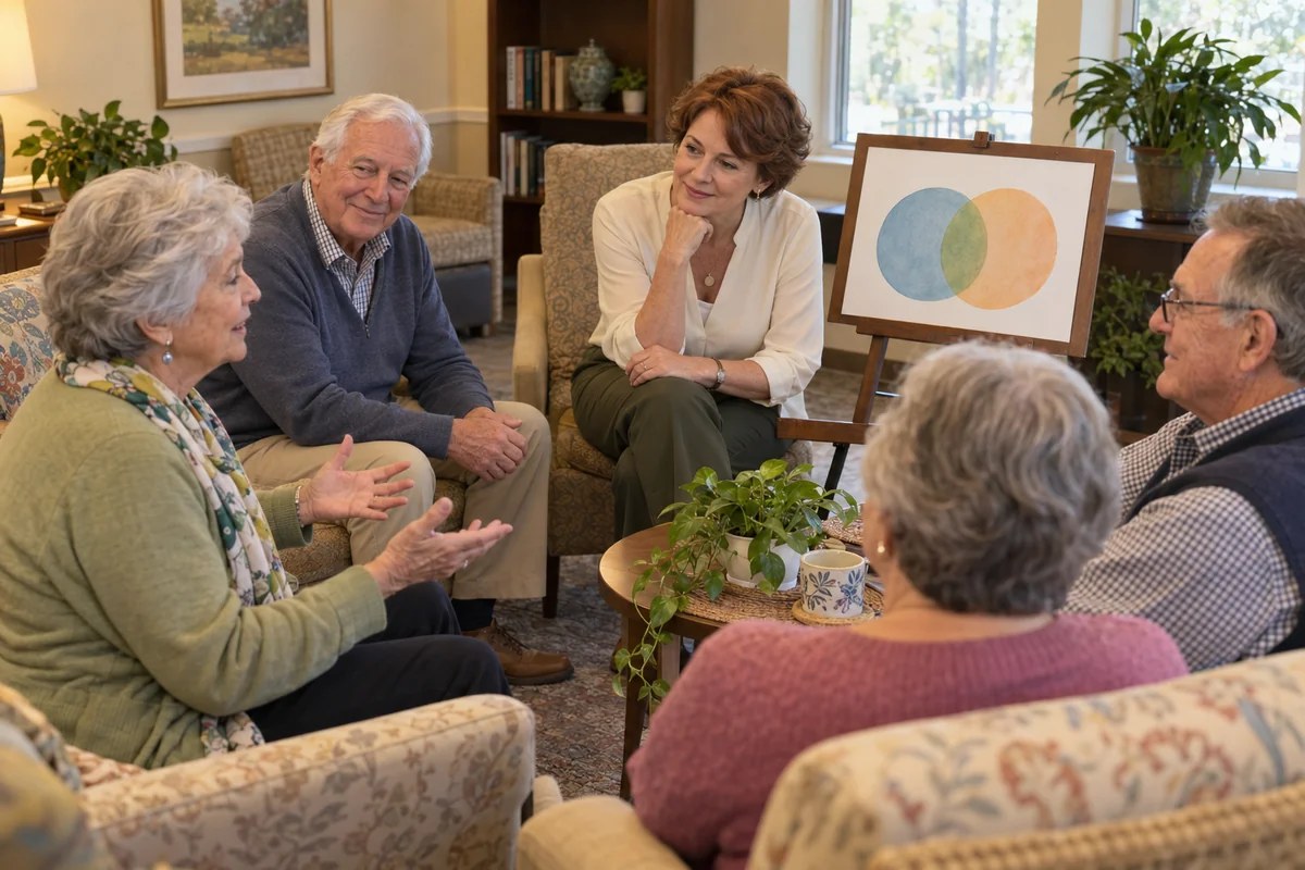 An illustrative educator leading a welcoming conversation about everyday psychology