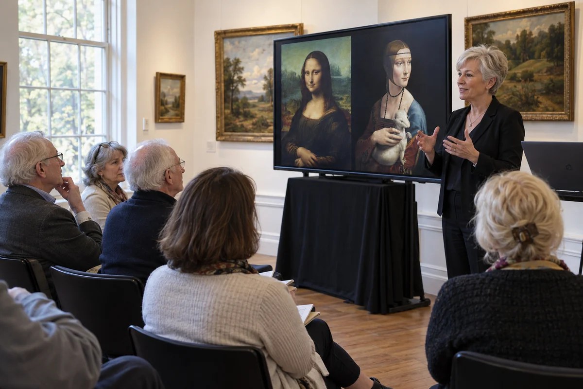 An illustrative art historian presenting Renaissance masterpieces to older adults