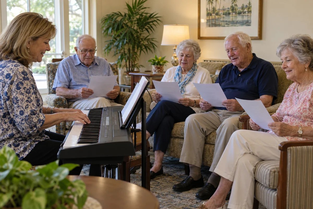 Older adults joining a relaxed shared singalong with an illustrative music facilitator