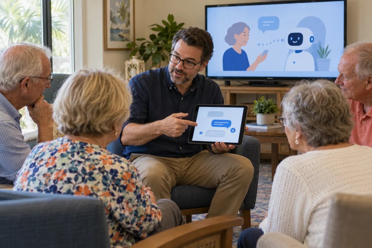 An illustrative educator introducing technology and AI to older adults
