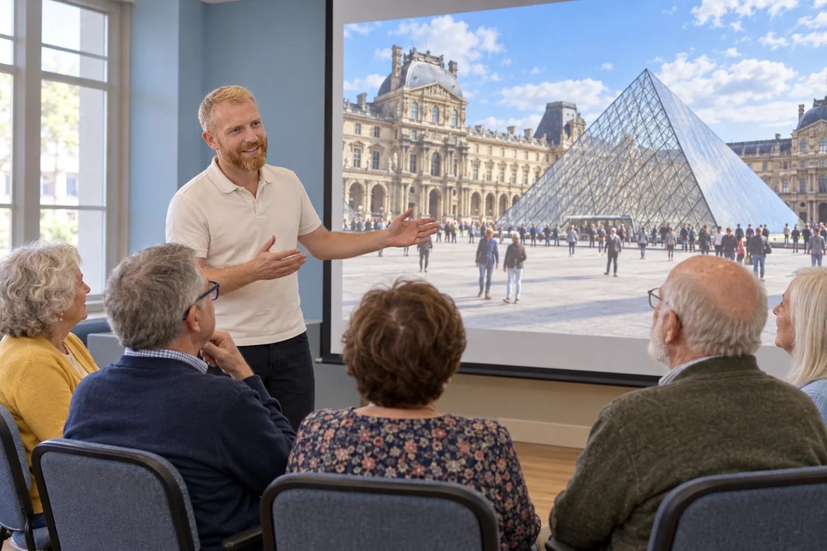 Raphaël physically guiding a seated virtual Paris walk with a large Louvre projection